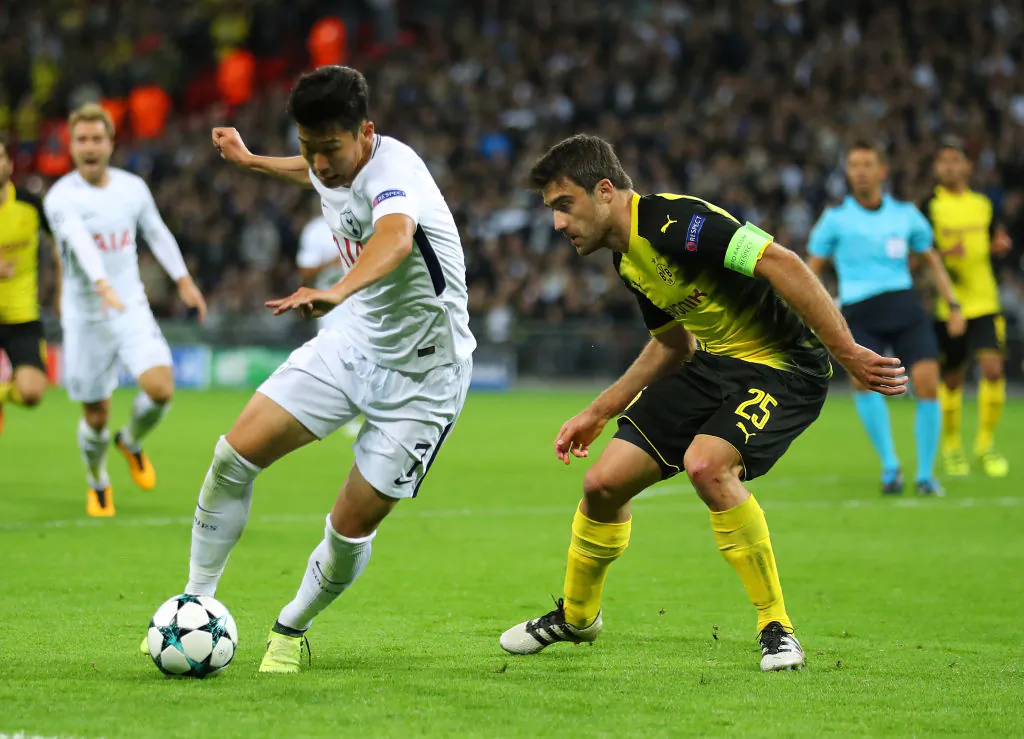 Heung-Min Son of Tottenham Hotspur FC in action during the UEFA Champion’s League group H match between Spurs and Borussia Dortmund at Wembley Stadium on Sept 13, 2017 in London, United Kingdom. (Warren Little/Getty Images)