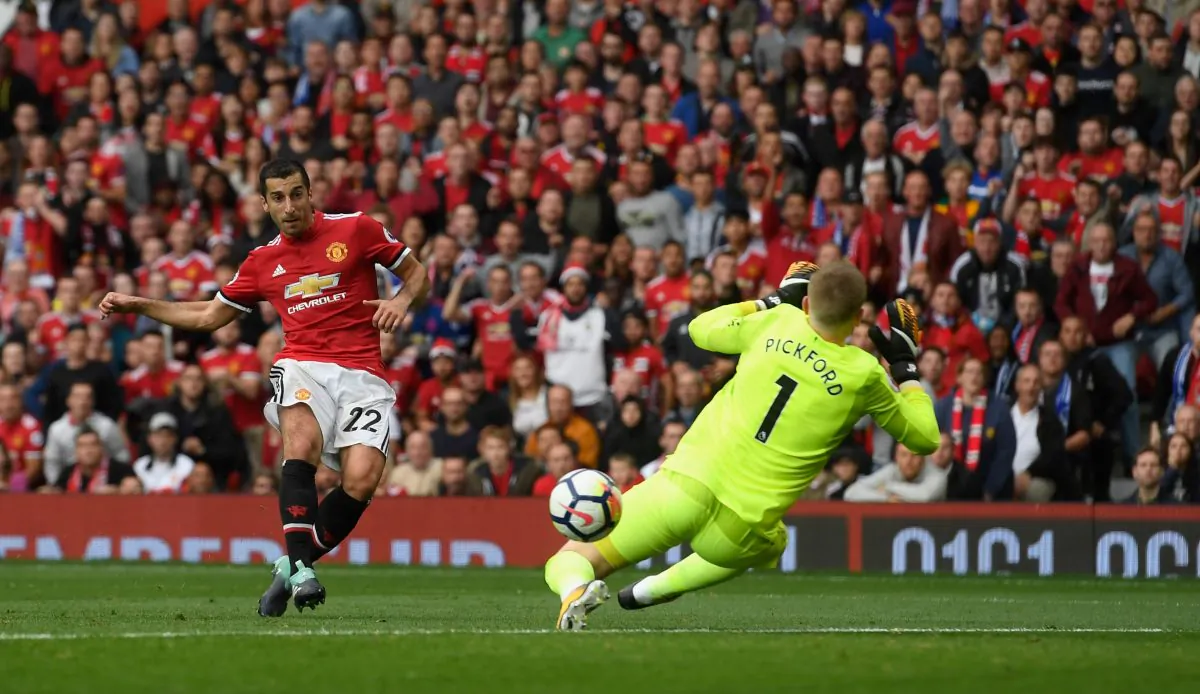 Henrikh Mkhitaryan scores Manchester United’s second goal past Jordan Pickford of Everton during the Premier League match between Manchester United and Everton at Old Trafford on September 17, 2017 in Manchester, England. (Stu Forster/Getty Images)