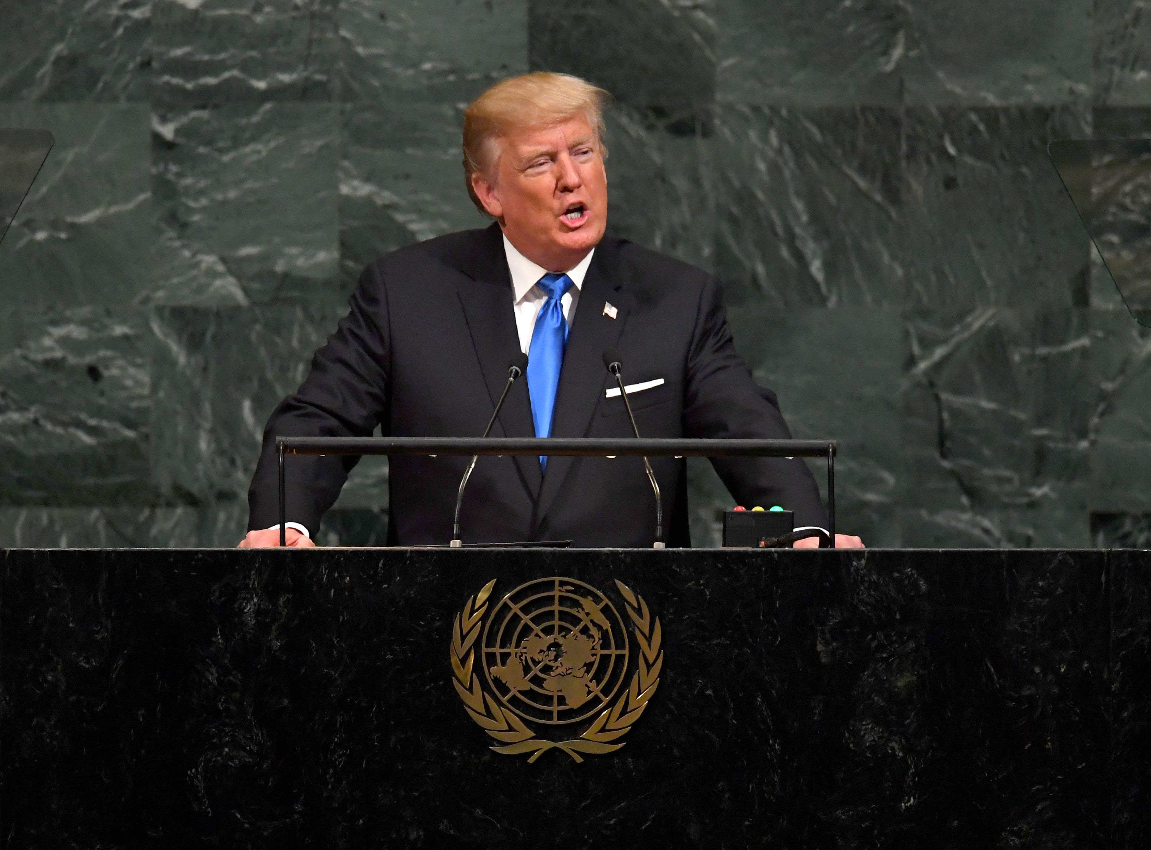 President Donald Trump addresses the 72nd Annual UN General Assembly in New York on Sept. 19, 2017. (TIMOTHY A. CLARY/AFP/Getty Images)