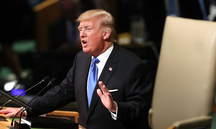 President Donald Trump addresses world leaders at the 72nd United Nations General Assembly in New York on September 19, 2017. (Spencer Platt/Getty Images)