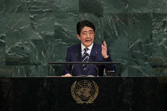 Shinzo Abe, prime minister of Japan, addresses the United Nations (U.N.) General Assembly at U.N. headquarters, September 20, 2017 in New York City. Among the issues facing the assembly this year are North Korea's nuclear developement, violence against the Rohingya Muslim minority in Myanmar and the debate over climate change. (Drew Angerer/Getty Images)