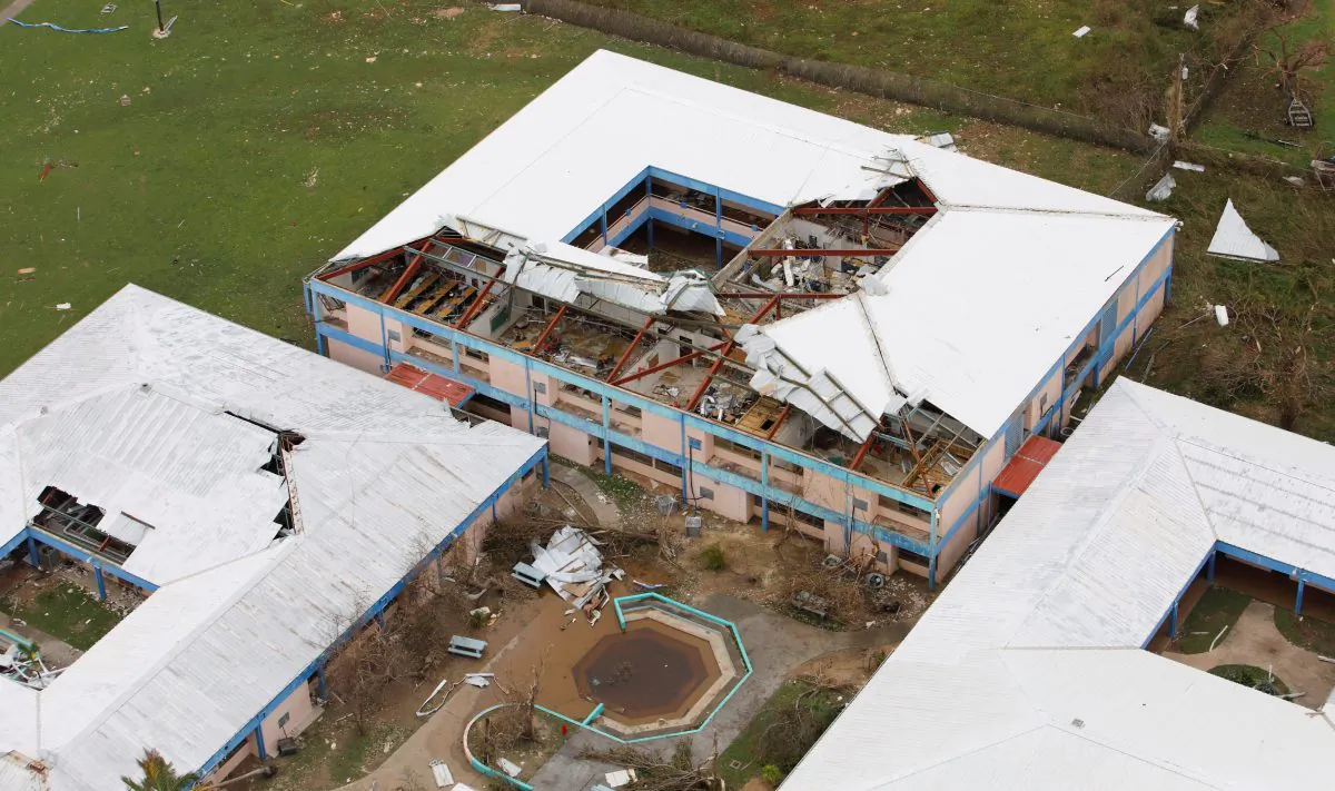 A severely damaged school is seen from a Marine Corps MV-22 Osprey surveying the aftermath of Hurricane Maria in St. Croix, U.S. Virgin Islands on Sept. 21, 2017. (Jonathan Drake/Reuters)