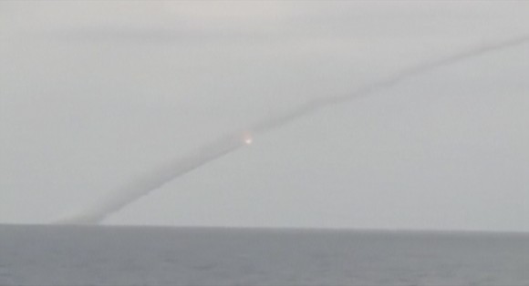 A still image taken from a video footage and released by Russia's Defense Ministry on Sept. 22, 2017, shows a Russian submarine firing cruise missiles in the Mediterranean Sea at Jabhat al-Nusra targets. (Russian Defense Ministry/Handout via REUTERS TV)
