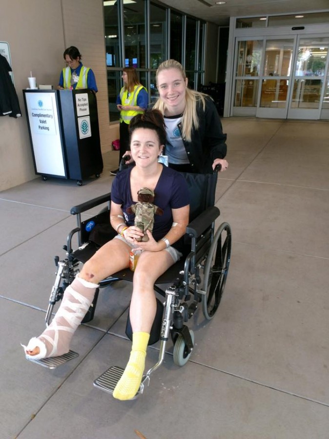 Brandy Guin on a wheelchair while being released from hospital in Shelby, N.C., on Sept. 22, 2017. (Courtesy of Brandy Guin)