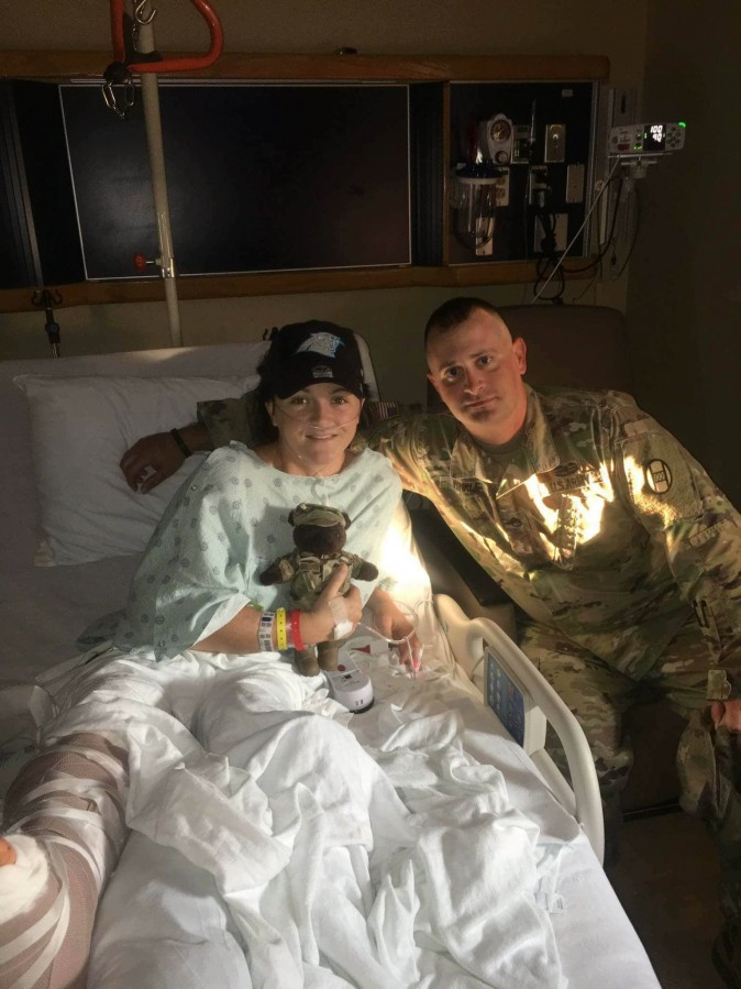 Brandy Guin (L) with Sgt Cory Hinkle in Carolinas HealthCare System hospital in Shelby, N.C., on Sept. 19, 2017. (Courtesy of Cory Hinkle)