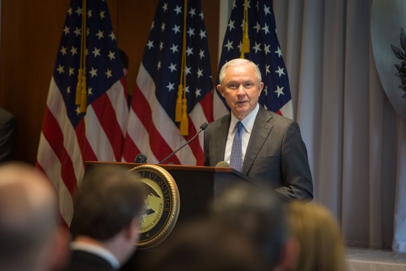 Attorney General Jeff Sessions speaks to local, state, and federal law enforcement about a recent spate of MS-13 gang related killings in Central Islip, N.Y., on April 28, 2017. (Benjamin Chasteen/The Epoch Times)