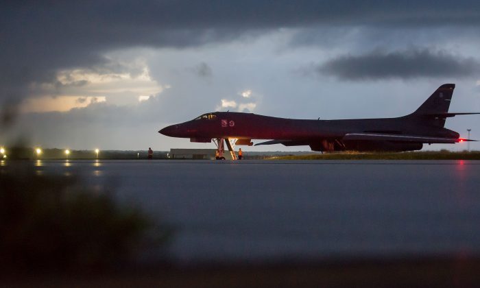 An Air Force B-1B Lancer assigned to the 37th Expeditionary Bomb Squadron prepares to take off from Andersen Air Force Base, Guam, on Sept. 23, 2017. (Staff Sgt. Joshua Smoot)
