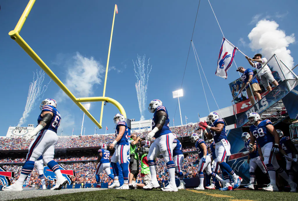 Buffalo Bills take the field before an NFL game against the Denver Broncos  at New Era Field in Orchard Park, New York on Sept. 24, 2017. (Bryan Bennett/Getty Images)