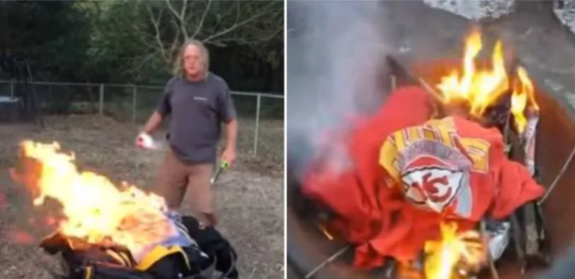 Burning football memorabilia. (YouTube screenshots)