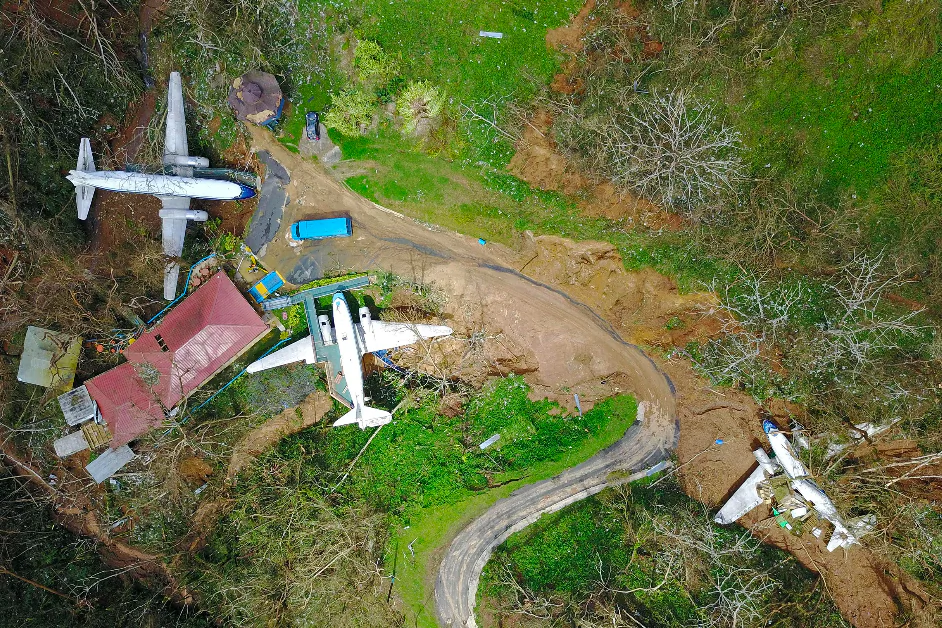 An airplane themed restaurant is seen damaged by mudslides and winds in Barranquitas, southwest of San Juan, Puerto Rico, on Sept. 24, 2017, following the passage of Hurricane Maria. (RICARDO ARDUENGO/AFP/Getty Images)