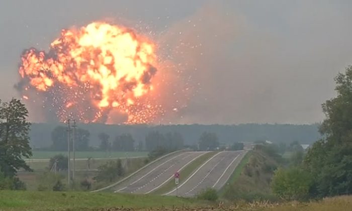 A still from video footage shows a fireball on 27 Sept 2017 at the military base near Kalynivka in the Vynnytsya region, the morning after munitions explosions began. (Reuters) 