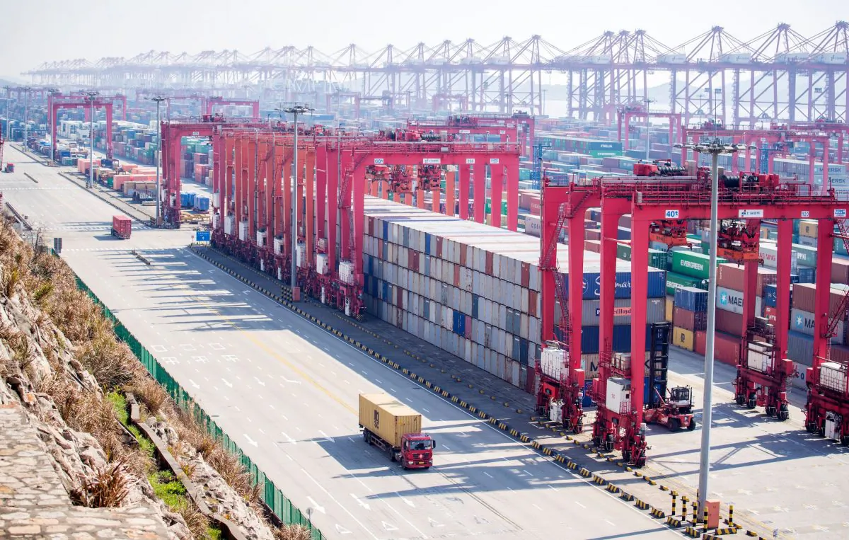 Containers with Chinese goods are organized for trade at the Yangshan Deep Water Port in Shanghai on Feb. 13, 2017. (Johannes Eisele/AFP/Getty Images)