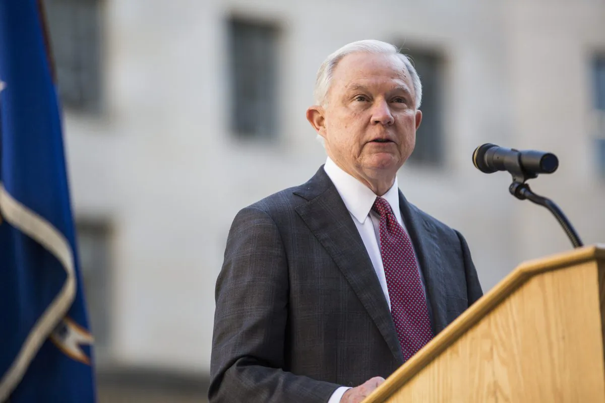 Attorney General Jeff Sessions speaks during a vigil ceremony marking the Sept. 11 terrorist attacks at the Department of Justice on Sept. 11, 2017. (Zach Gibson/Getty Images)