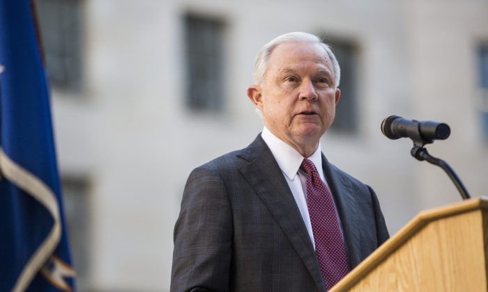 Attorney General Jeff Sessions speaks during a vigil ceremony marking the Sept. 11 terrorist attacks at the Department of Justice on Sept. 11, 2017. (Zach Gibson/Getty Images)