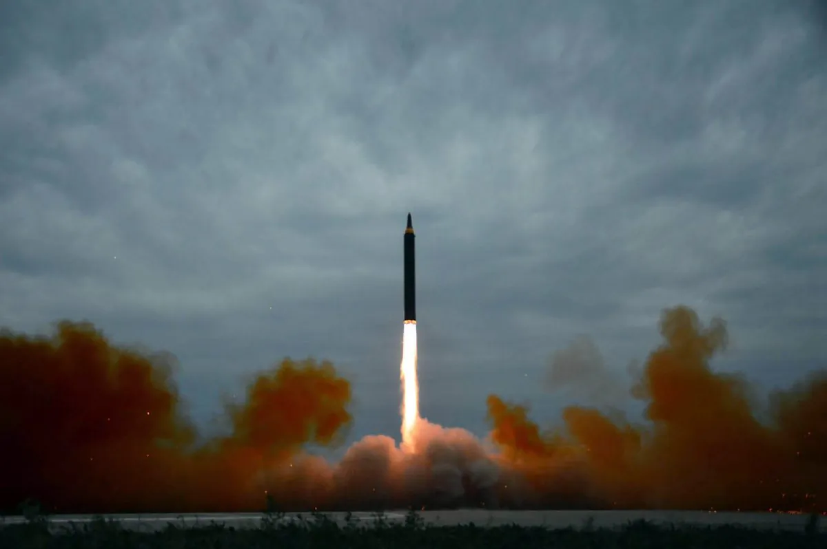 A launch test of North Korea’s
intermediate-range ballistic missile
Hwasong-12 at an undisclosed location
near Pyongyang, in a photo released by
North Korea’s official Korean Central
News Agency on Aug. 30, 2017. (STR/AFP/GETTY IMAGES)