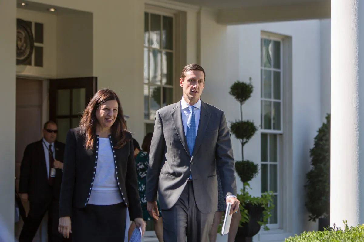 Acting Secretary of Homeland Security Elaine Duke and Homeland Security Adviser Tom Bossert arrive to give reporters an update about relief efforts for Puerto Rico, at the White House on Sept. 28, 2017. (Samira Bouaou/The Epoch Times)