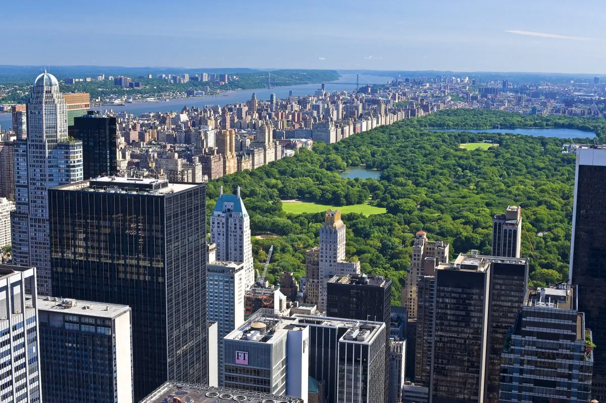 View from Rockefeller Center’s Top of the Rock, showing the New York skyline, Central Park, and the Hudson River. (Courtesy of Tishman Speyer/Bart Barlow)