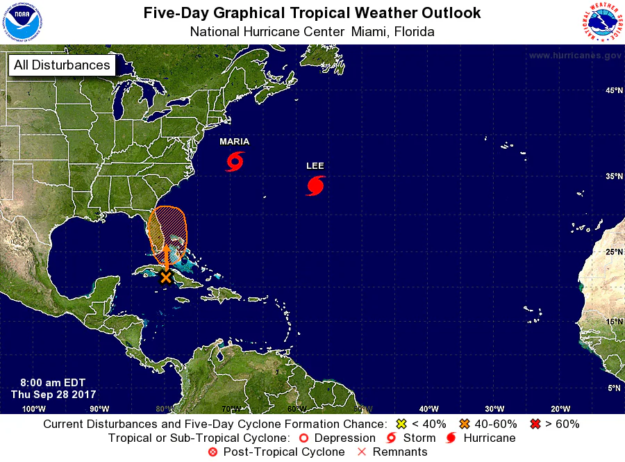 A weather pattern south of Cuba is being monitored as a potential tropical storm. (National Hurricane Center/NOAA)