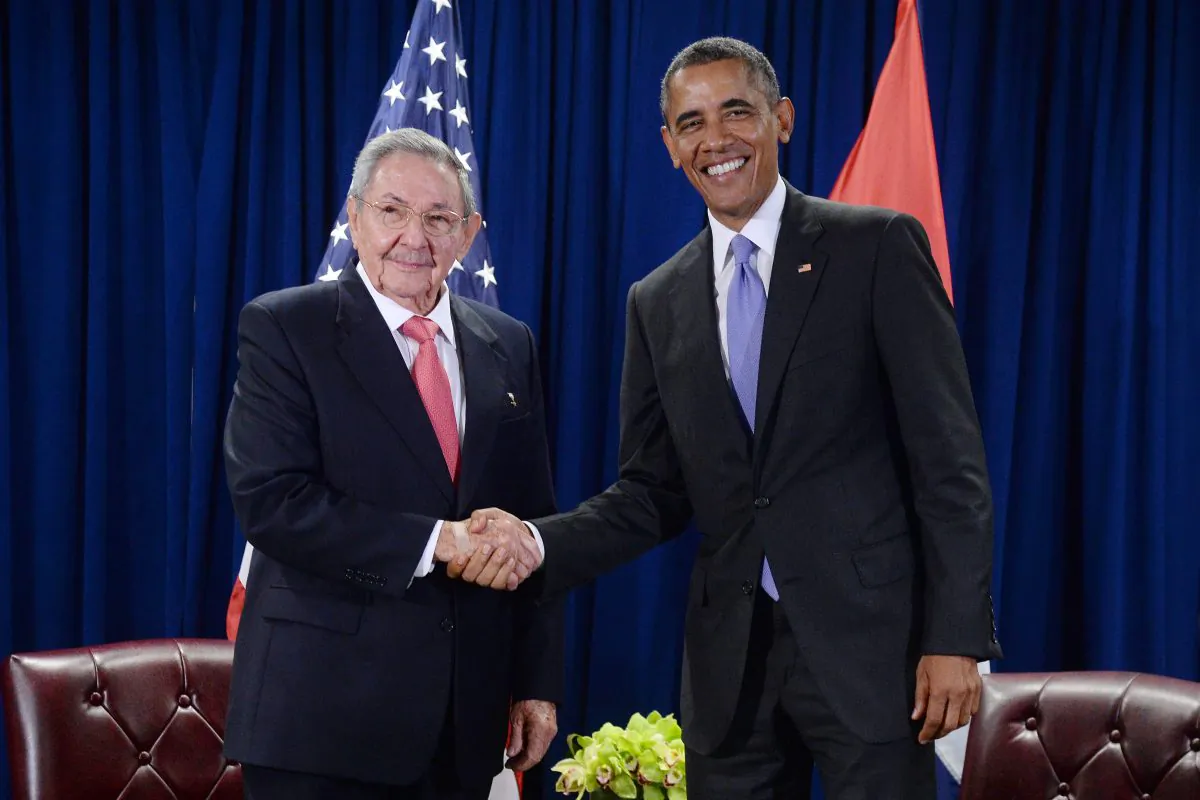 Then President Barack Obama (R) shakes hands with Cuban communist leader Raul Castro at the UN headquarters in New York on Sept. 29, 2015. (Anthony Behar-Pool/Getty Images)