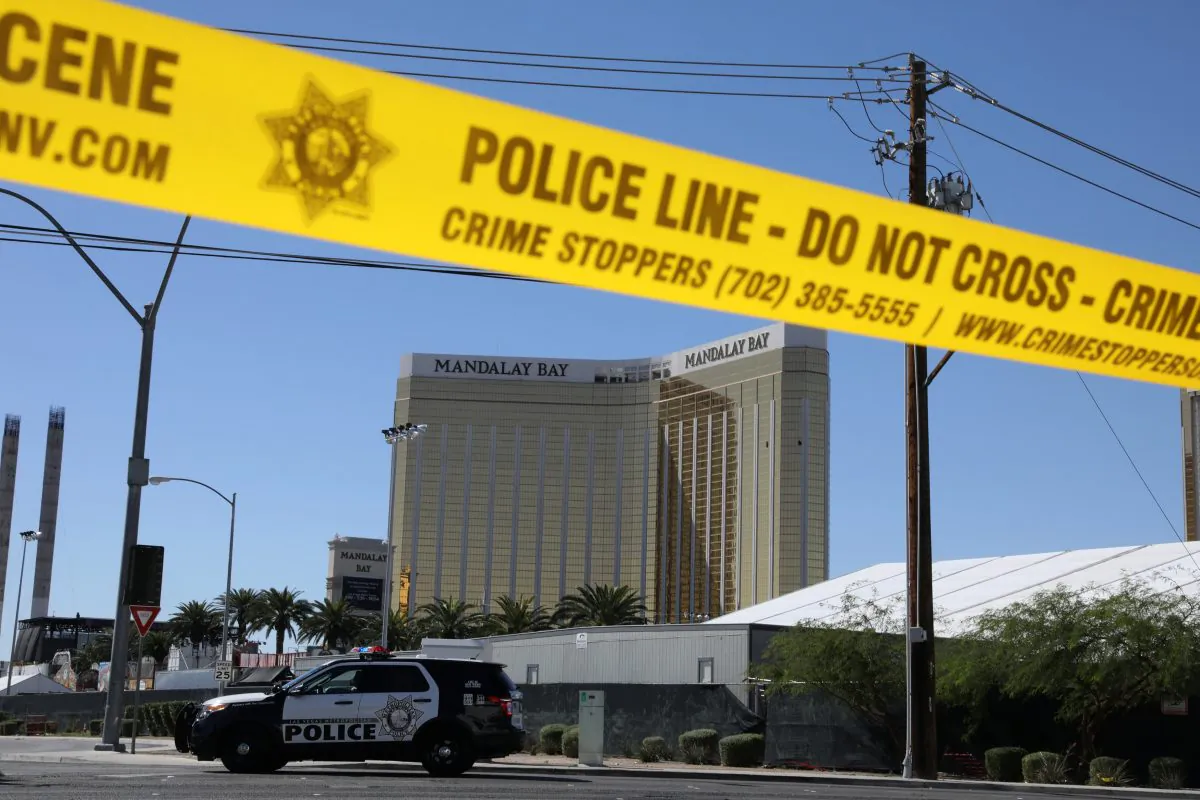 The site of the Route 91 music festival mass shooting is seen outside the Mandalay Bay Resort and Casino in Las Vegas, Nevada, on Oct. 2, 2017. (REUTERS/Lucy Nicholson)