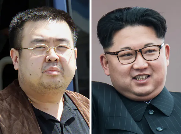 This combo shows a file photo (L) taken on May 4, 2001 of Kim Jong Nam, son of the late-North Korean leader Kim Jong Il, and a file photo (R) of his half-brother, current North Korean leader Kim Jon Un in Pyongyang on May 10, 2016. (TOSHIFUMI KITAMURA,ED JONES/AFP/Getty Images)