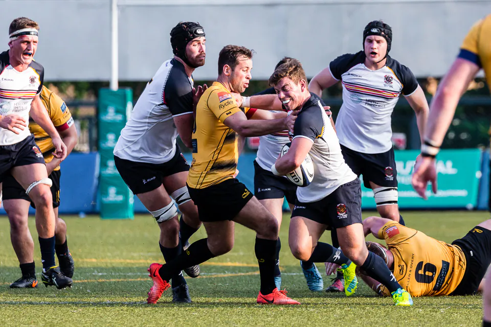 Action in the Tigers against HKCC match at King’s Park on Saturday Sept 30, 2017 which was won by Tigers 29-16 hoisting them into second place in the table with 7 points while HKCC languish at the bottom with just 1 point. (Dan Marchant)