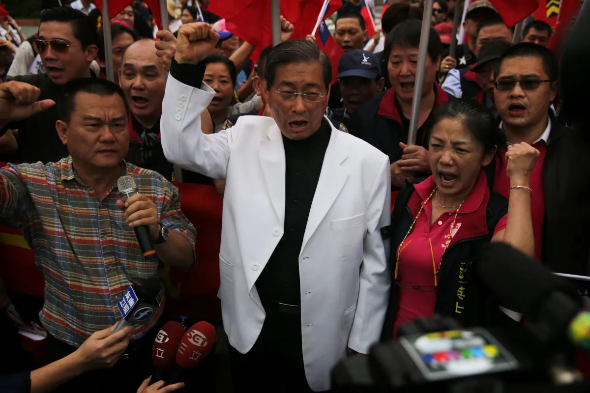 File photo from 2016 showing Chang An-lo, also known as the “White Wolf,” leader of the China Unification Promotion Party and a well-known gang boss in Taiwan. Members of Chang’s party are alleged to have assaulted students following a Sept. 24 protest. (Isaac Lawrence/AFP/Getty Images)