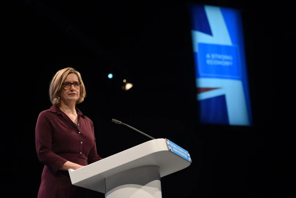 Britain's Home Secretary, Amber Rudd delivers her speech on the third day of the Conservative Party annual conference at the Manchester Central Convention Centre in Manchester on Oct. 3, 2017. (Paul Ellis/AFP/Getty Images)