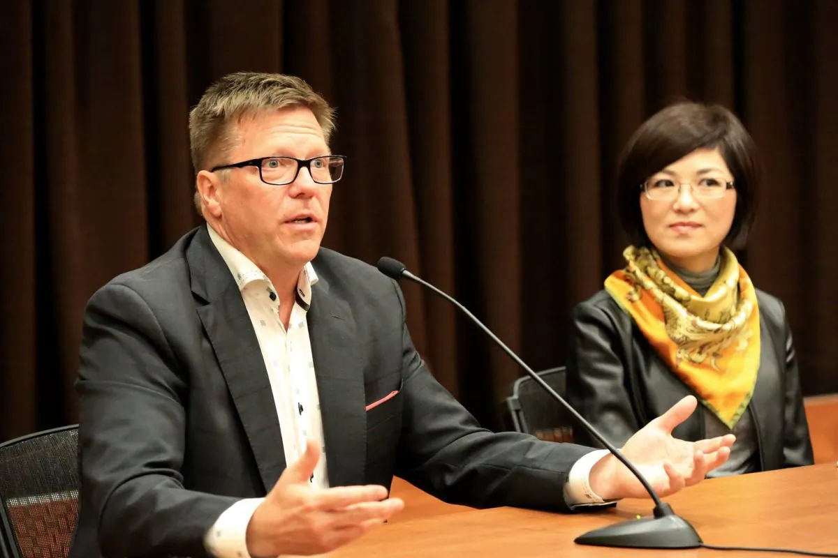 Michel Juneau-Katsuya, a former CSIS senior manager, and filmmaker Doris Liu take part in a panel discussion following the screening of Liu's documentary "In the Name of Confucius" during Ottawa's One World Film Festival on Sept. 30, 2017. (Jonathan Ren/The Epoch Times)
