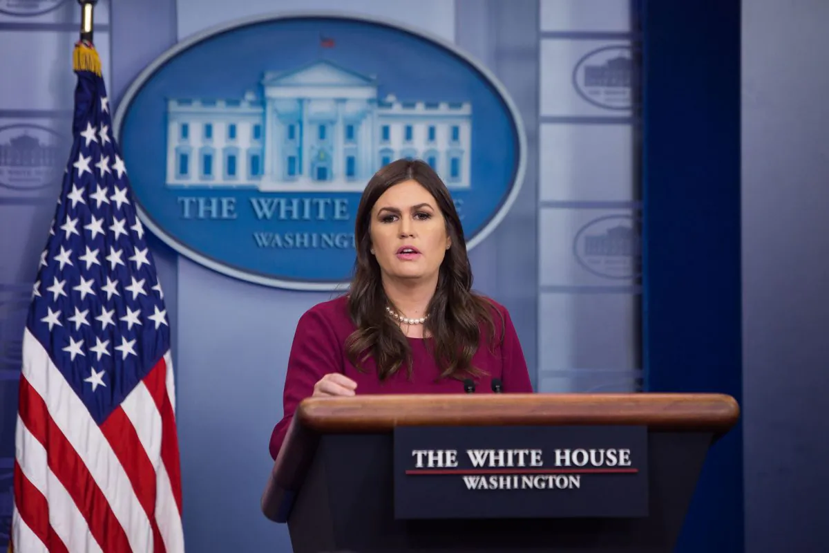 White House Press Secretary Sarah Sanders speaks to the media during a daily press briefing on Oct. 5, 2017. (Samira Bouaou/The Epoch times)