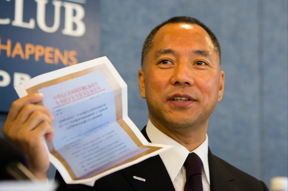 Chinese businessman Guo Wengui holds photocopies of documents allegedly on Chinese national security council request to send more spies to the United States and other specific goals, at a press conference on Chinese Kleptocracy at the National Press Club in Washington, on Oct. 5, 2017. (Samira Bouaou/The Epoch Times)