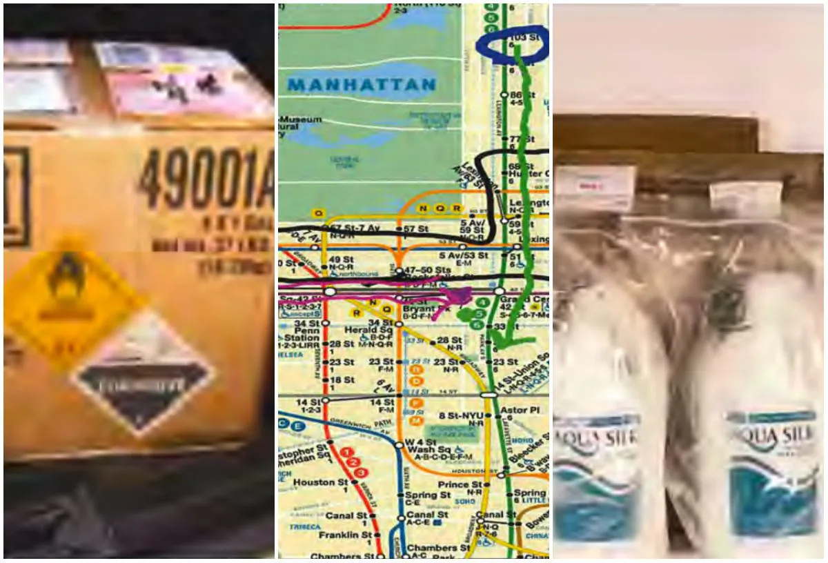 L, R: A shipment of hydrogen peroxide allegedly intended for production of improvised explosives; C: A map of the New York City Subway with marks allegedly illustrating a bombing plot. (The U.S. Department of Justice)