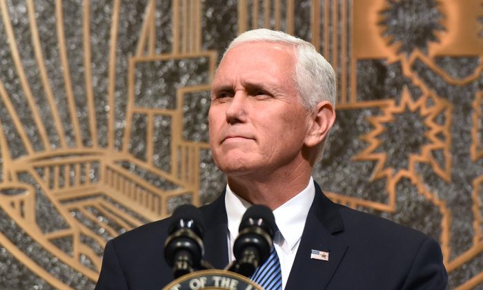 Vice President Mike Pence speaks in Las Vegas, Nevada, after a mass shooting, on Oct. 7, 2017.
 On Oct. 8, Pence walked out of an NFL game when some players refused to stand for the national anthem.
 (Ethan Miller/Getty Images)