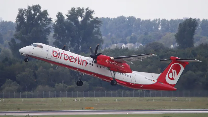 A Bombardier Dash 8 Q400 aircraft of German carrier AirBerlin takes off towards Stuttgart, Germany, from Duesseldorf airport, Germany on Sept. 12, 2017. (Reuters/Wolfgang Rattay)