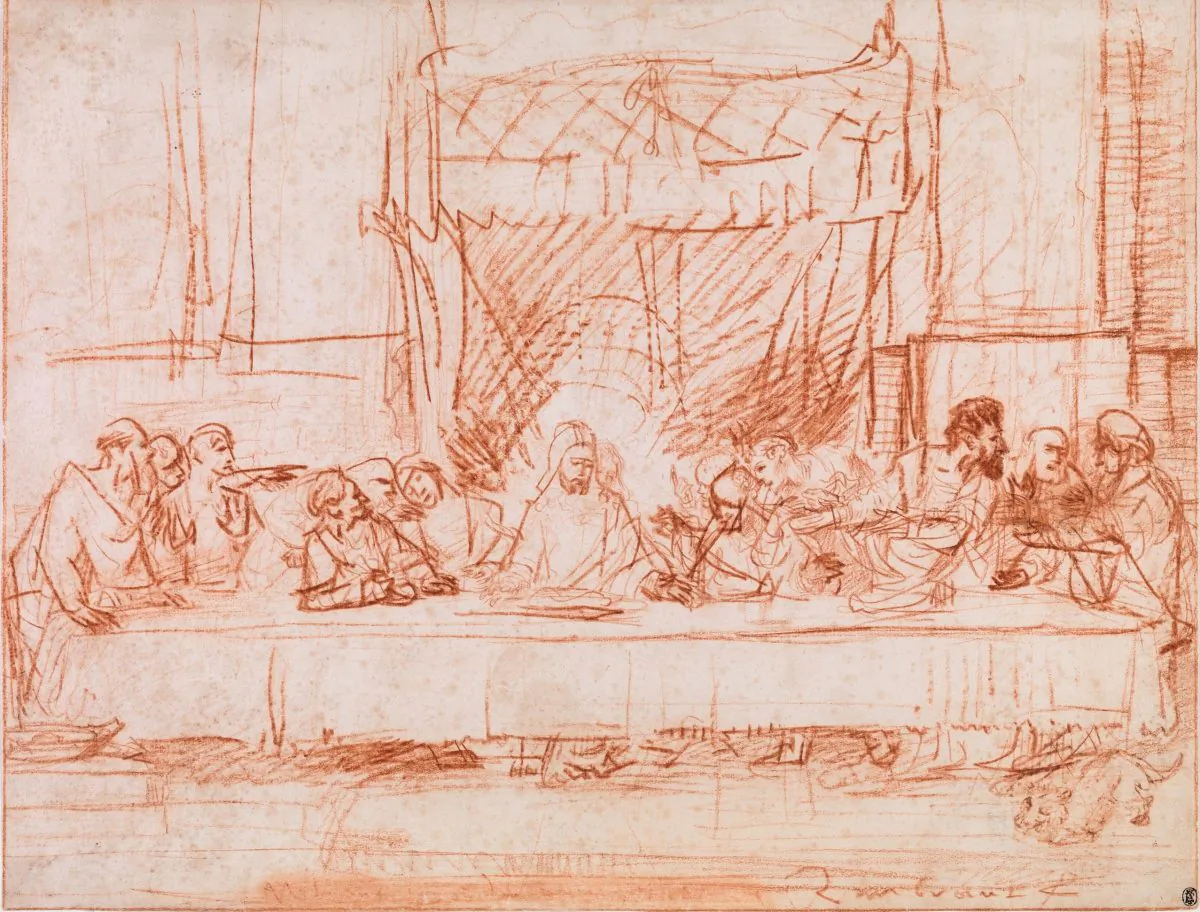 "The Last Supper, after Leonardo da Vinci" (detail) 1634–1635 by Rembrandt van Rijn (1606–1669). Red chalk, The Metropolitan Museum of Art, Robert Lehman Collection, 1975. (The Metropolitan Museum of Art)