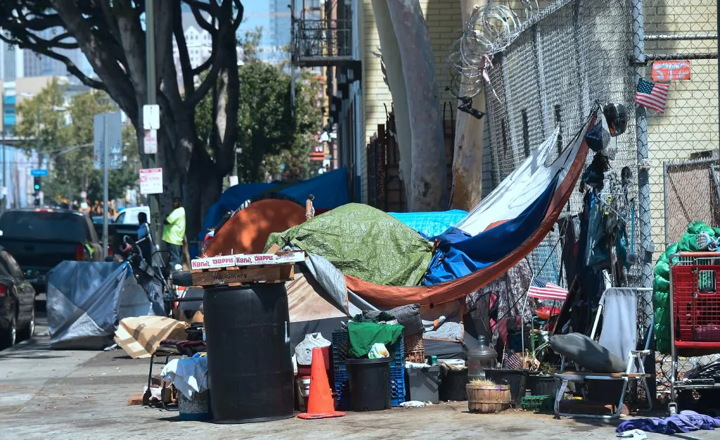 Skid Row in downtown Los Angeles on June 20, 2017. An outbreak of hepatitis A among the homeless and illicit drug users in California has claimed 17 lives and infected hundreds. (FREDERIC J. BROWN/AFP/Getty Images)