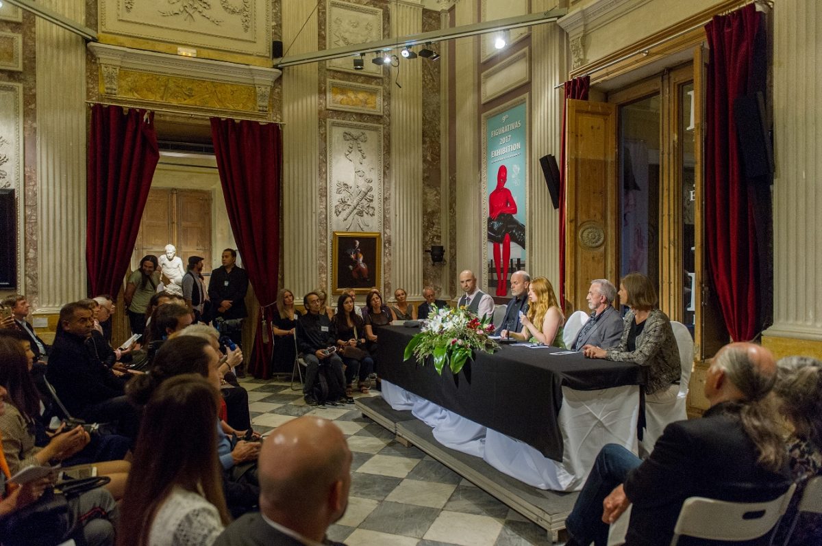 The award ceremony panel: (L–R) Tenaya Sims, the best in show winner; Daniel Graves, a judge for the ARC; Kara Ross, the chief operating officer of the ARC; José Infiesta, the director of MEAM, and Susan Tintori, the executive director of the Florence Academy of Art. (European Museum of Modern Art)
