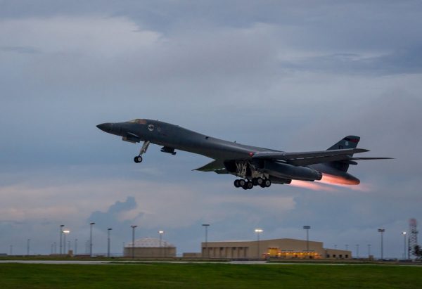 A U.S. Air Force B-1B Lancer assigned to the 37th Expeditionary Bomb Squadron, takes-off to fly a bilateral mission with Japanese and South Korea Air Force jets in the vicinity of the Sea of Japan, from Andersen Air Force Base, Guam, Oct. 10, 2017. (Staff Sgt. Joshua Smoot/U.S. Air Force/Handout via Reuters)