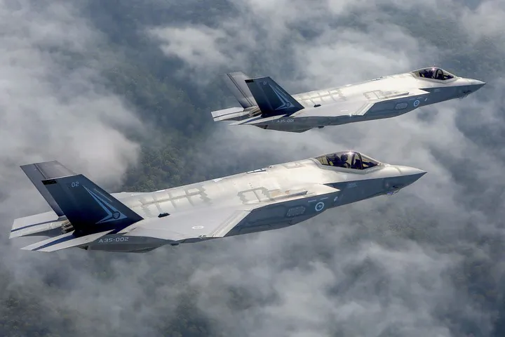 Two Lockheed Martin Corp F-35 stealth fighter jets fly to the Avalon Airshow in Victoria (Australian Defence Force/Handout via REUTERS)
