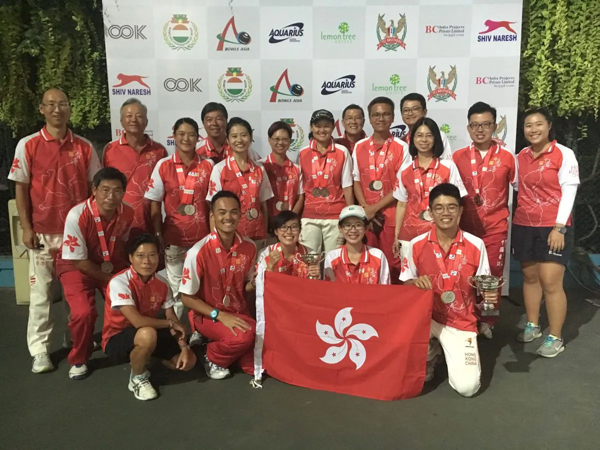 MEDAL FOR EVERYONE – A happy Hong Kong team proudly displaying their medals won at the Asian Lawn Bowls Championship in India.  Hong Kong took two golds, four silvers and six bronze at the competition. (HKLBA)