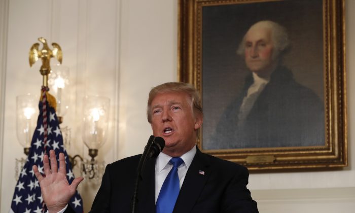 President Donald Trump speaks about the Iran nuclear deal in the Diplomatic Room of the White House in Washington on Oct. 13, 2017. (Reuters/Kevin Lamarque)