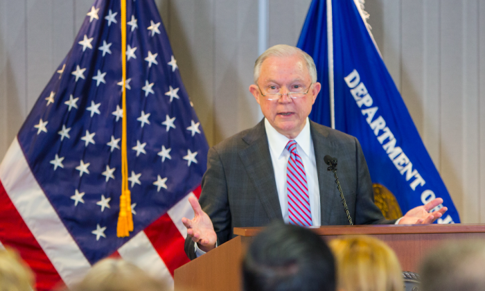 Attorney General Jeff Sessions at the headquarters of the Executive Office for Immigration Review (EOIR) in Falls Church, Va., on Oct. 12, 2017. (Benjamin Chasteen/The Epoch Times)