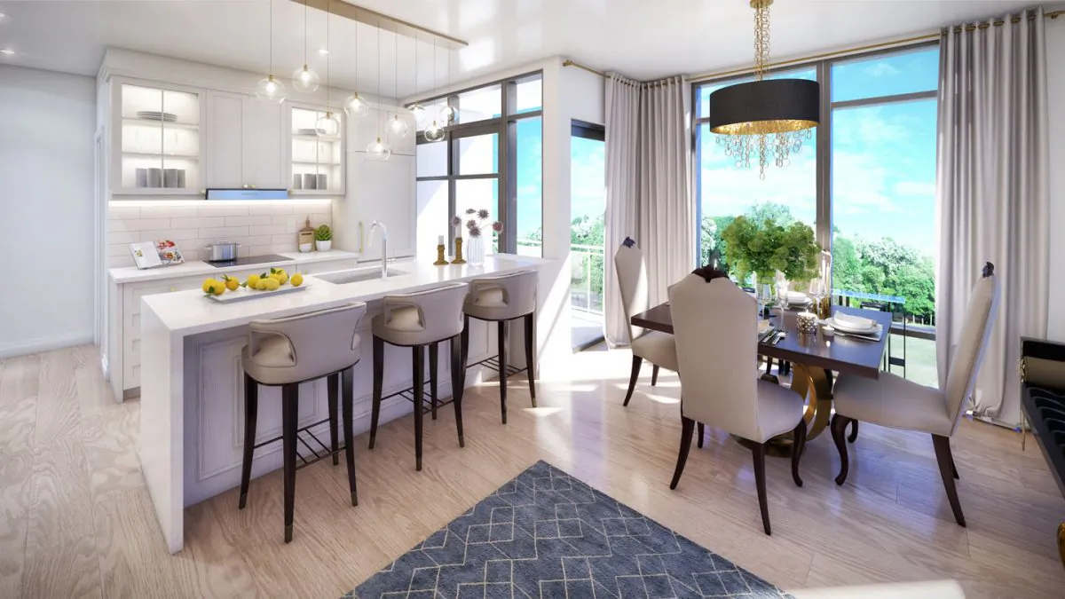 A kitchen and dining area  in one of Solmar’s Condos.  (Courtesy of Solmar Development Corporation)

