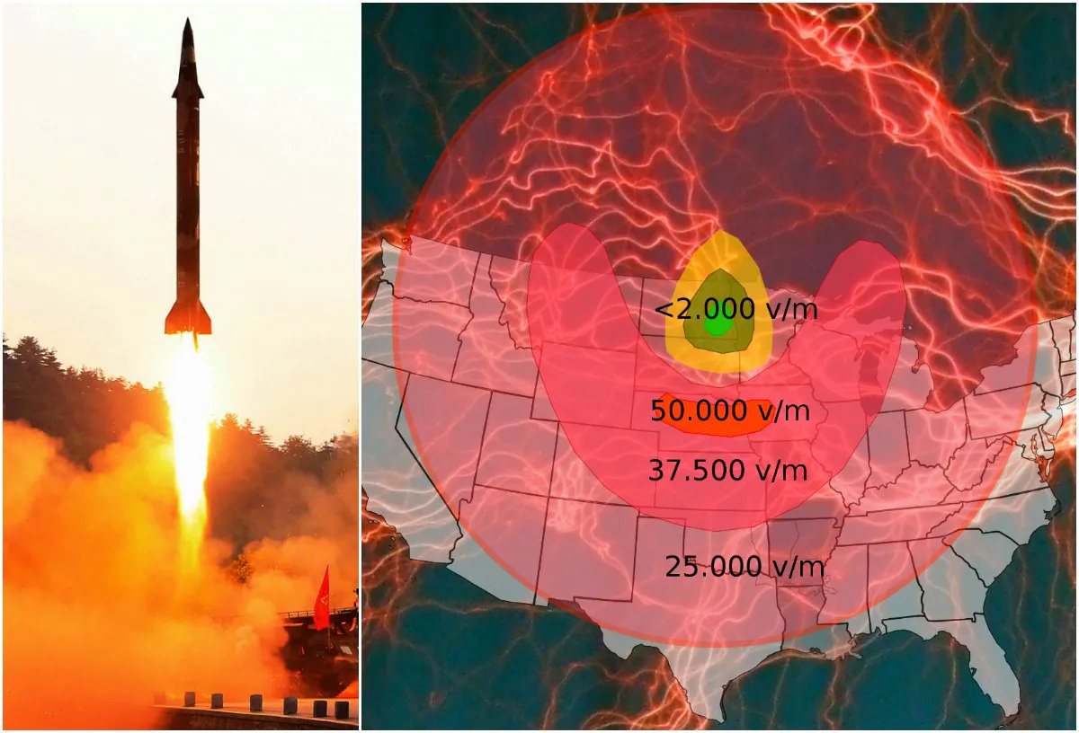 L: The test fire of a ballistic missile at an undisclosed location in North Korea in an undated photo released by North Korea’s official Korean Central News Agency on May 30, 2017. (STR/AFP/Getty Images); R: Effects of an electromagnetic pulse at 400 km above the Earth's surface. (NACLE2/Public Domain;Iantresman/CC BY 2.5)