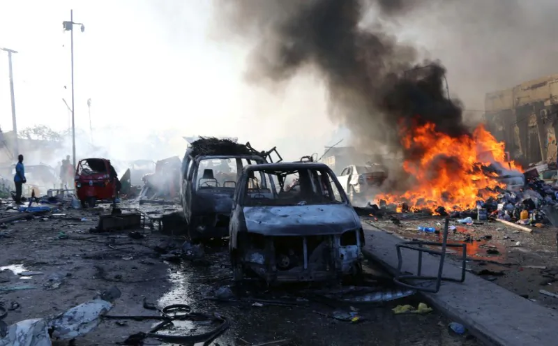 A general view shows the scene of an explosion in KM4 street in the Hodan district of Mogadishu, Somalia October 14, 2017. (Reuters/Feisal Omar)