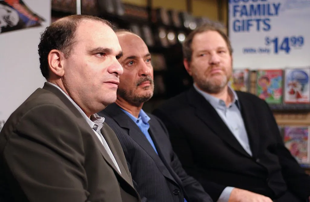 (L-R) Bob Weinstein,  Blockbuster Chairman and CEO, John Antioco, and Harvey Weinstein speak with reporters at a press conference announcing The Weinstein Company's deal with Blockbuster  Inc. for exclusive rights to rent theatrical movies and direct-to-video titles at Blockbuster in New York City, New York, on Nov. 15, 2006. (Andrew H. Walker/Getty Images)