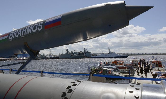 A Brahmos supersonic cruise missile is on display at the International Maritime Defense Show in Saint Petersburg on June 28, 2017. (Olga Maltseva/AFP/Getty Images)