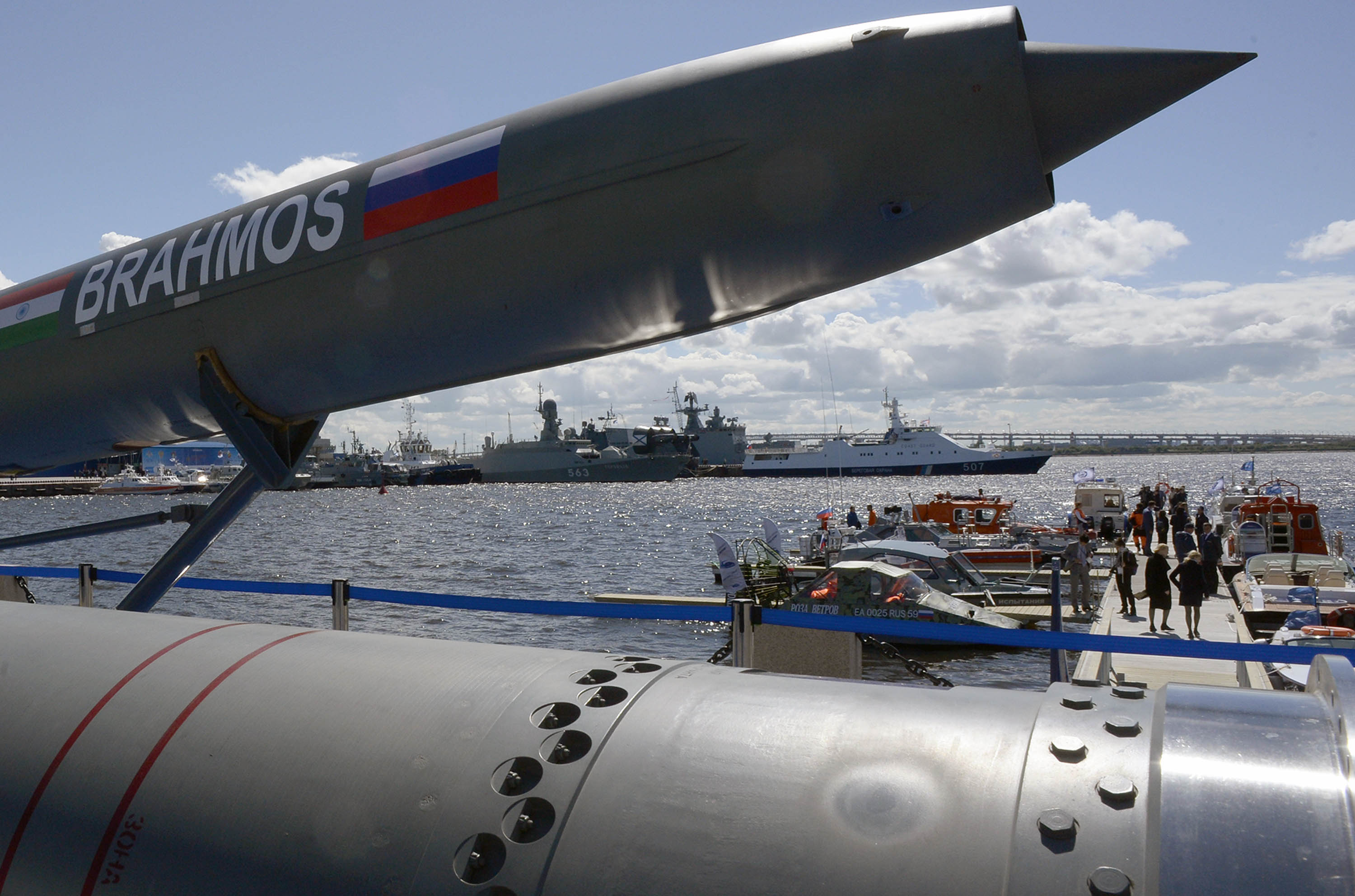 A Brahmos supersonic cruise missile is on display at the International Maritime Defense Show in Saint Petersburg on June 28, 2017. (Olga Maltseva/AFP/Getty Images)