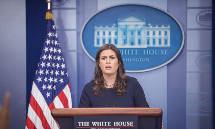 White House Press Secretary Sarah Sanders at a press briefing at the White House in Washington on Oct. 10, 2017. (Benjamin Chasteen/The Epoch Times)