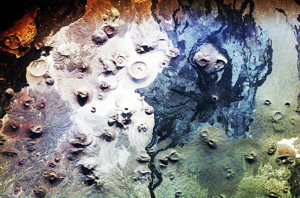 Harrat Khaybar lava field in Saudi Arabia. Credit: ("Harrat Khaybar Space" by Expedition 16 Crew Member on the International Space Station, NASA/Wikimedia [Public Domain])